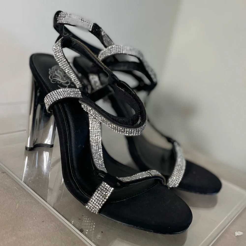 Rhinestones Silver Chunky Heel Sandals - Picture 7 of 10